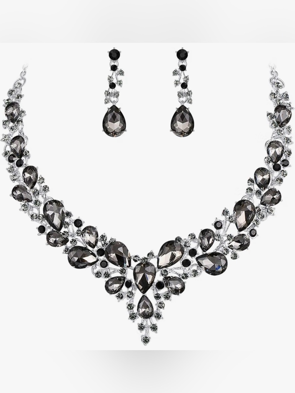 Silver-Tone Black Teardrop Crystal Necklace & Earring Set